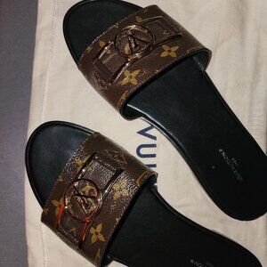 Louis Vuitton Brown Monogram Canvas Lock It Flat Slides Size 41